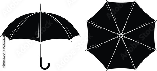 Black umbrella vector illustration set, open canopy top and side view silhouettes isolated on gray background protection concept