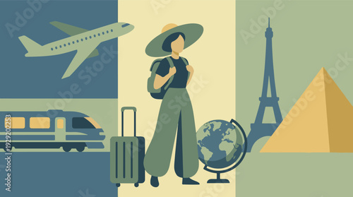 Global travel concept with modes of transport, tourist, and famous landmarks