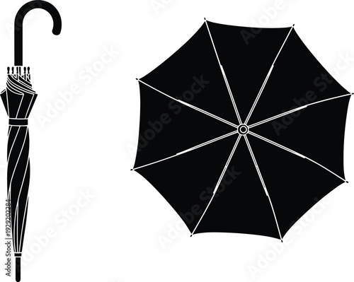 Black umbrella icon, top view and closed folded parasol silhouette, rain protection symbol, minimal vector illustration isolated on white background