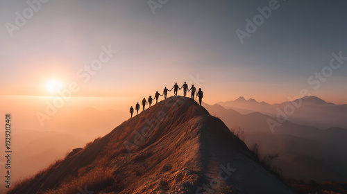 Group of people standing together on mountain peak at sunrise with majestic mountains in the background viewed from a distance