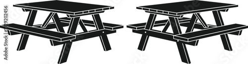 Black and white picnic table vector illustration, wooden outdoor bench silhouette, classic park furniture graphic isolated on white background
