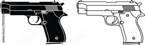 Black and white handgun vector illustration, side view semi automatic pistol silhouettes isolated on gray background tactical firearm graphic design