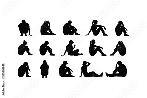 Evolution of man silhouette illustrations in various poses on white background 