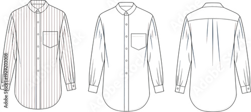 Three views of a striped button-up shirt with a chest pocket and rolled sleeves