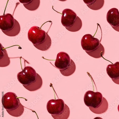 Vibrant red cherries on pink background with shadow play