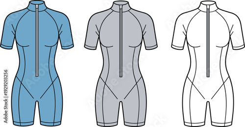 Three women's cycling suits with front zippers and short legs in blue gray and white women's clothing