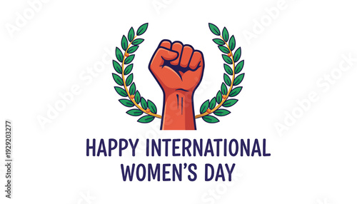 Happy international women's day celebration with clenched fist and laurel wreath
