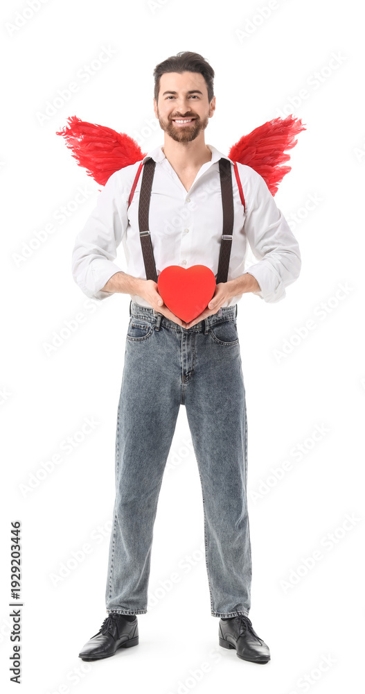 Obraz premium Man dressed as Cupid with heart on white background. Valentine's Day celebration