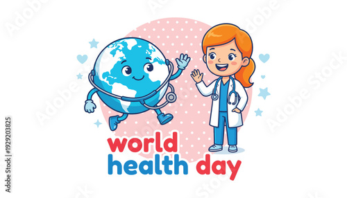 A cartoon character and a doctor celebrate world health day