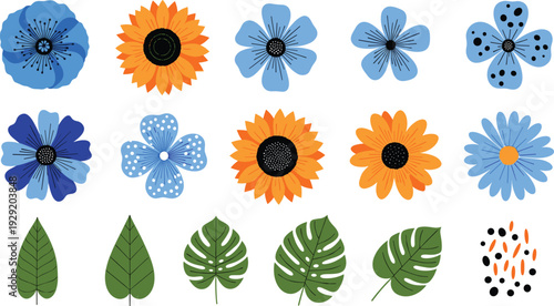 "Vector Illustration of Colorful Flowers and Leaves with Sunflowers, Daisies, and Tropical Foliage for Nature and Garden Themes"