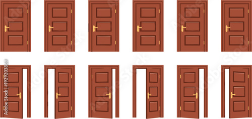 Wooden Interior Door Collection with Open and Closed Brown Panel Designs Home Entrance Vector Set