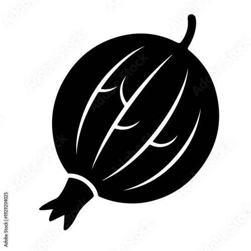 Black Gooseberry Icon: A sleek, monochrome illustration showcases a single, ripe gooseberry. Clean lines and bold contrast highlight the fruit's characteristic shape.