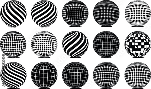Abstract Geometric Sphere Collection with Striped, Dotted and Grid Patterned 3D Globe Shapes Vector Set