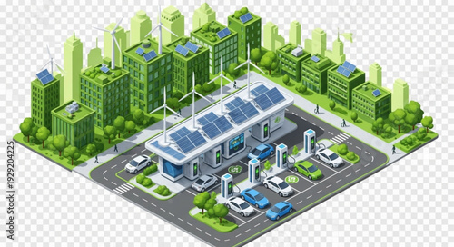 Sustainable Cityscape Depicting Renewable Energy and Electric Vehicle Charging Station.