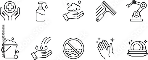 Hygiene and Cleaning Service Line Icon Set Sanitizer Wash Protection Outline Vector Collection