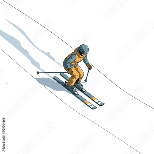 Skier in Action Descending Mountain Slope During Winter Sports Activity