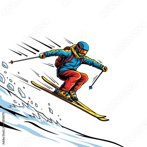 Skiing Athlete Airborne Performing a Dynamic Jump over Snowy Terrain