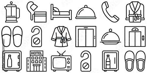 Comprehensive line icon set for hotel services, including room amenities, check-in, and dining, perfect for hospitality branding.