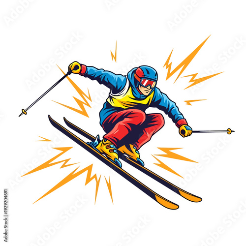 Skier in Dynamic Jump Pose with Yellow Lightning Burst Illustration