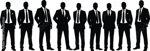 Black silhouette of professional business people in suits diverse families with children rock band musicians and French bulldog pets isolated on white background for minimalist concepts