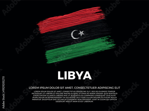 Flag of Libya. Libyan and African Culture. Vibrant, textured brushstroke effect style. Black background with copy space. Dramatic composition in negative space.