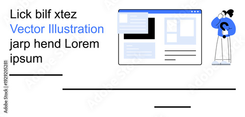 Website design, user interface, tech confusion, problem-solving, online layout, digital tools. Illustration shows a webpage structure and a puzzled character thinking. Website design and tech