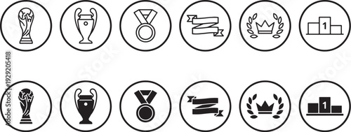 Sports Trophy and Award Circle Icons Set with Cup, Medal, Ribbon, Laurel Wreath, Crown and Podium Symbols in Outline and Solid Style