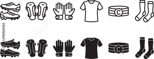 Football and Soccer Uniform and Kit Solid and Outline Icons Set with Cleats, Shin Guards, Gloves, Jersey, Captain Band and Socks Symbols