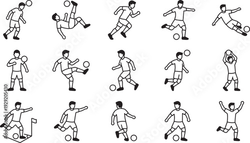 Soccer Player Poses and Actions Line Icons Set with Dribbling, Kicking, Jumping, Shooting, Celebrating and Running Symbols