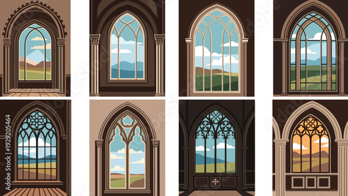 Elegant gothic arched window frames revealing beautiful diverse landscape views of mountains and hills during various times.