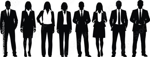 Black silhouettes of diverse business professionals and corporate team standing in a row wearing formal suits isolated on white background for company leadership concept