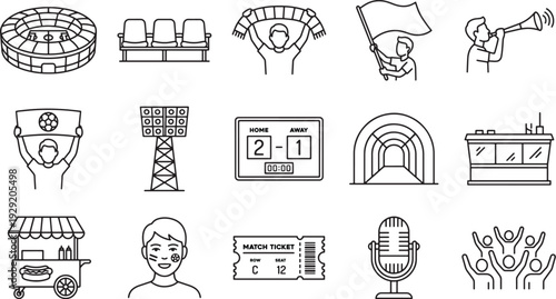 Sports Stadium and Fan Experience Line Icons Set with Arena, Seats, Cheerleader, Scoreboard, Ticket, Microphone and Crowd Symbols