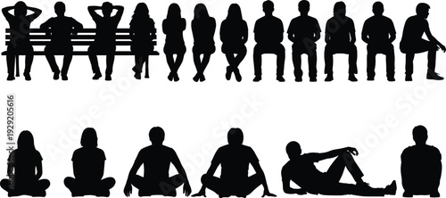 Black silhouettes of diverse group of seven business professionals standing in a row on white background, corporate team community isolated vector illustration for design