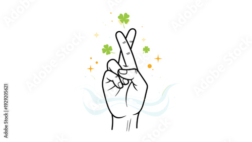 Detailed illustration of a hand with fingers crossed for good luck surrounded by glowing stars and green four leaf clovers.
