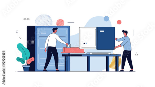 Two IT professionals or technicians managing and maintaining equipment in a modern data center server room environment.