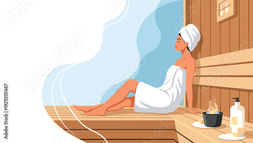 Beautiful young woman wrapped in white towels relaxing and enjoying a peaceful moment in a hot wooden steam sauna room.