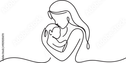 Continuous line art illustration showing a mother holding her baby close to her heart.