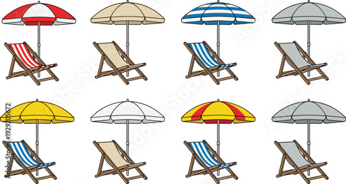 Collection of colorful beach chairs and sun umbrellas set on white background, summer vacation holiday travel icons, flat vector illustration.