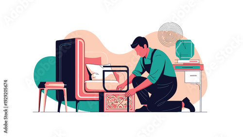 Focused man in work overalls carefully assembling or repairing a stylish modern chair in a bright creative home workshop.