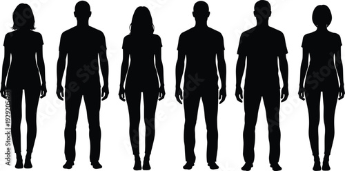 Black silhouettes of diverse young men and women standing together in a row on white background, casual group community isolated vector illustration for design