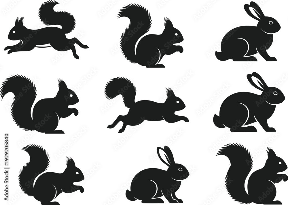 Fototapeta premium Squirrel and Rabbit Silhouette Set Forest Animal Collection Isolated on White Background Wildlife Vector Illustration