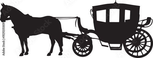 Black and white of horse drawn carriage vintage vector silhouette illustration
