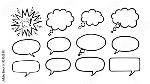 Speak Your Mind: A collection of various empty speech bubbles offers ample space for textual expression, suitable for illustrating ideas, thoughts, or conversations.