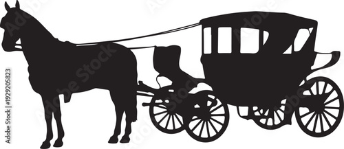 Black and white of horse drawn carriage vintage vector silhouette illustration
