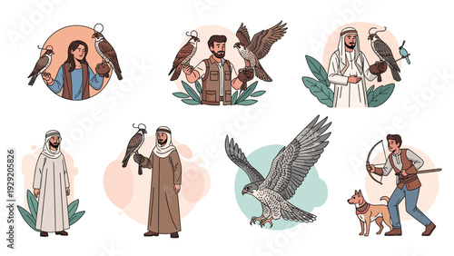 Collection of diverse falconers in traditional and modern clothing training and showing their majestic birds of prey.