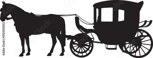 Black and white of horse drawn carriage vintage vector silhouette illustration
