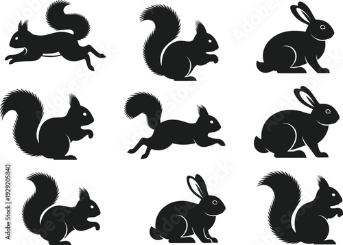 Squirrel and Rabbit Silhouette Set Forest Animal Collection Isolated on White Background Wildlife Vector Illustration