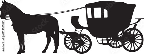 Black and white of horse drawn carriage vintage vector silhouette illustration
