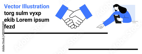 Business, teamwork, partnerships, professionalism, collaboration, communication. A handshake agreement, and a businesswoman pointing to a document s teamwork and professionalism. Business