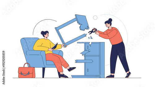 Two women working together to repair or dismantle a blue wooden cabinet using a tool in a domestic home environment.